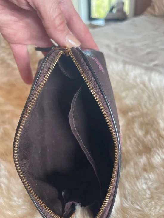 Coach Dark Brown Floral Zip Cosmetic Pouch with Pink Accents - Picture 4 of 6